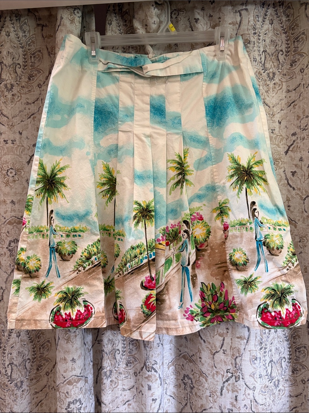 Tropical Print A-Line Skirt in Cream and Aqua